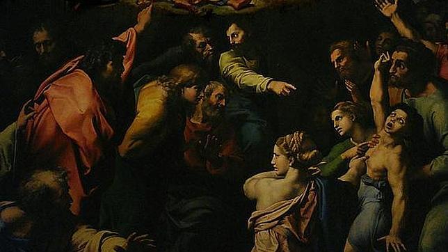 Detalle inferior de La transfiguración, de Rafael