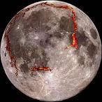 La Luna llena, como se ve desde la Tierra, con el borde del Océano de las Tormentas marcado en rojo