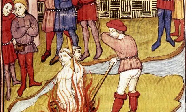 Ilustración medieval que muestra la quema de dos templarios