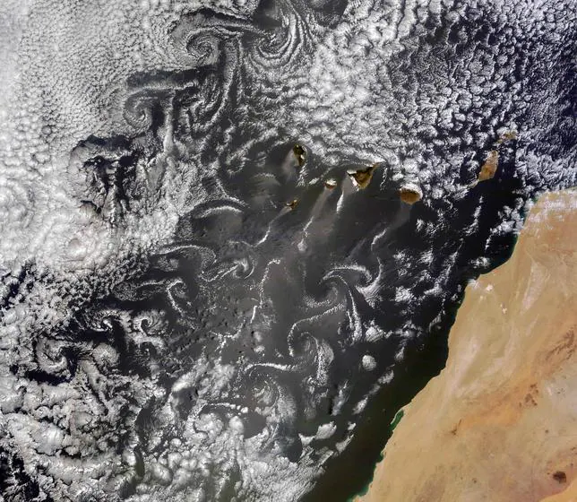 Un satélite capta la belleza de los espectaculares vórtices von Karman sobre Canarias