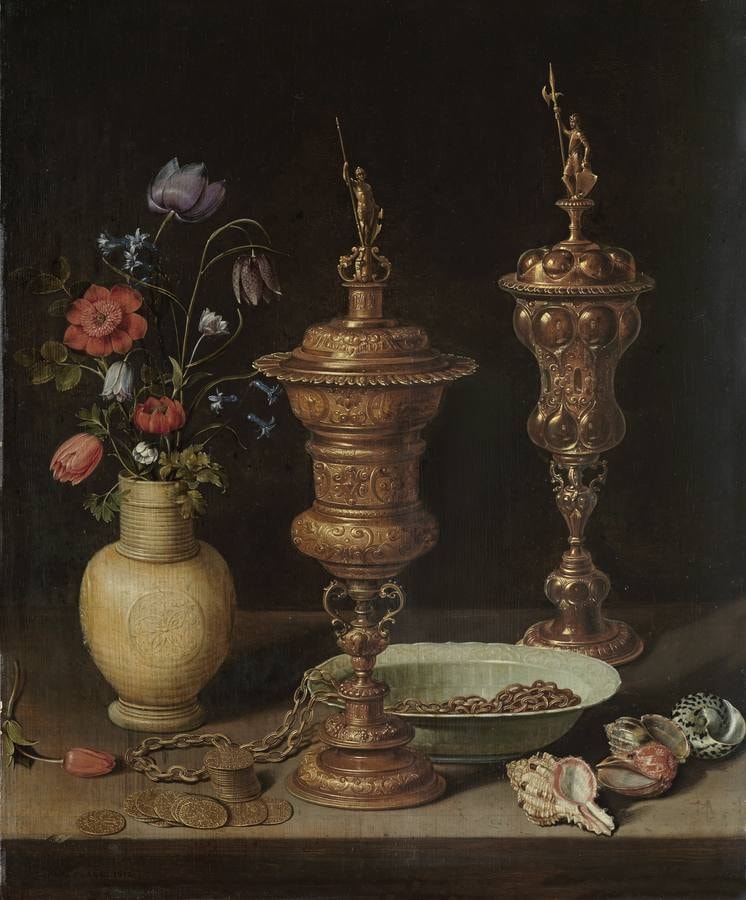 «Bodegón con flores, copas doradas, monedas y conchas» (1612), de Clara Peeters