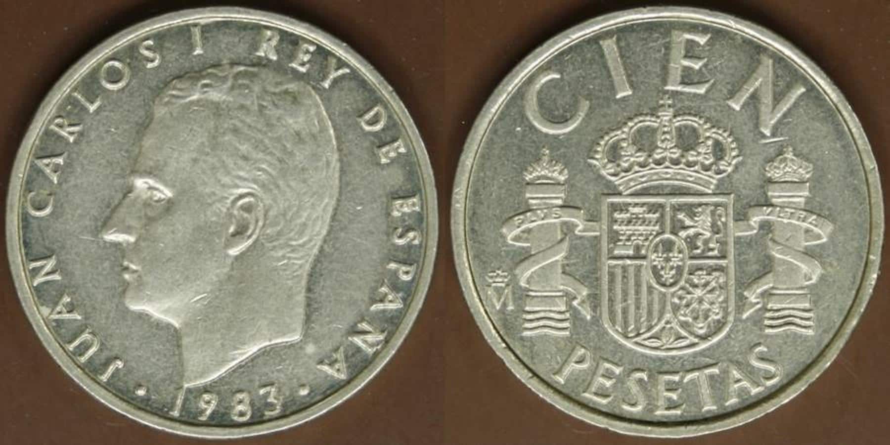 100 Pesetas 1983. Los míticos «20 duros» están representados por esta dorada moneda de 1983, valorada en 55 euros.