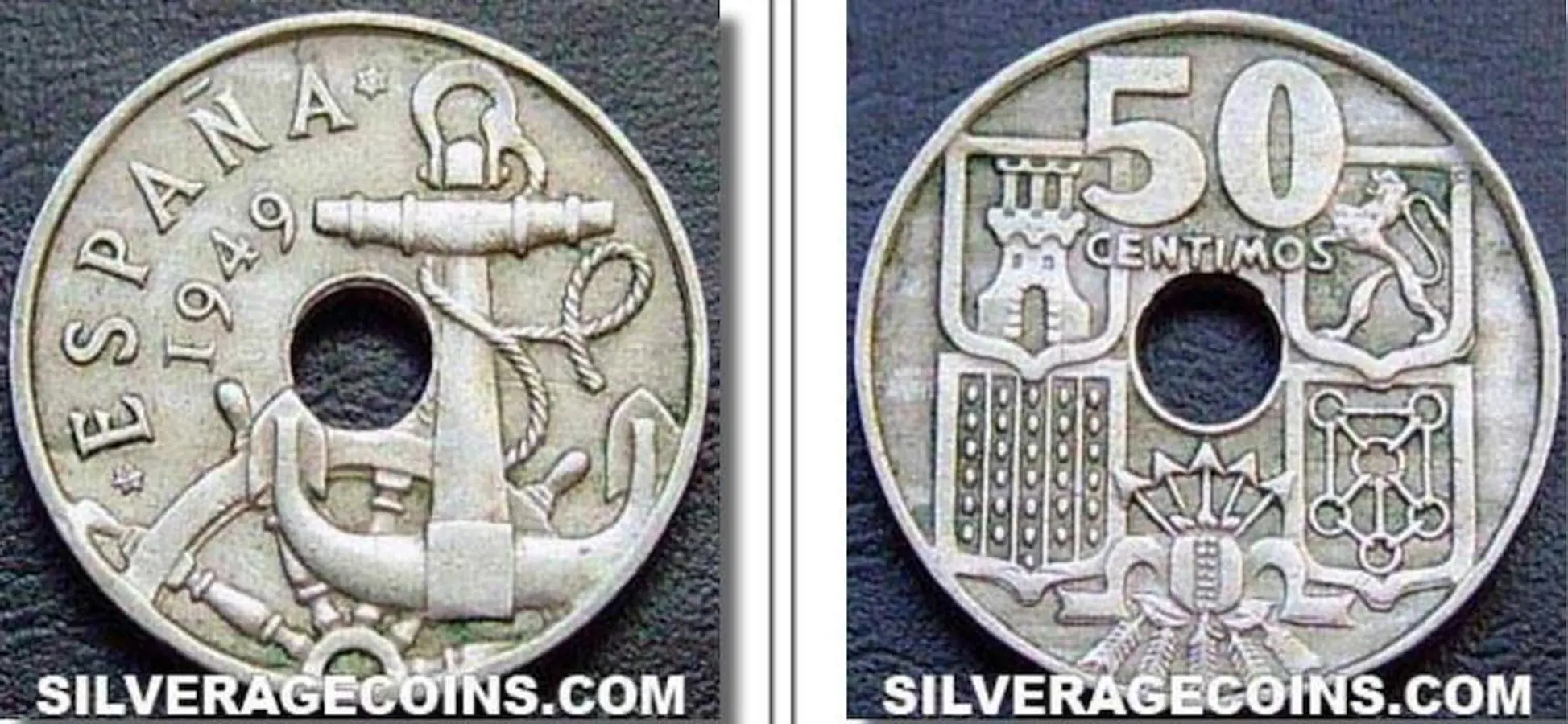 50 Céntimos 1949 E-51. Aunque son menos recordadas, estas monedas también tienen un agujero en el centro. En 1965 se dejaron de acuñar, pero en 1951 se fabricó un número limitado con motivo de la II Exposición Nacional de Numismática y se grabó en ellas «E-51». Actualmente tienen un valor de 500 euros.