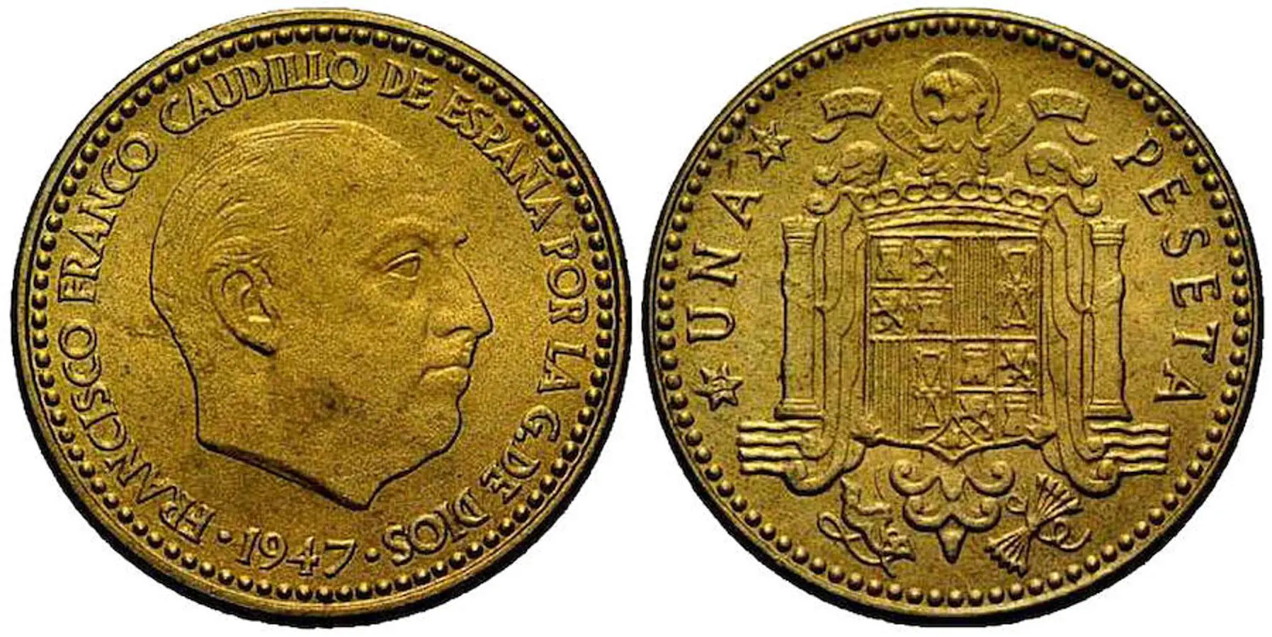 Peseta 1947. Este año aparecieron las primeras monedas con la efigie de Franco y llegaron a conocerse popularmente como «rubias». Hoy en día se pueden vender hasta por 1.400 euros, según el estado de conservación.