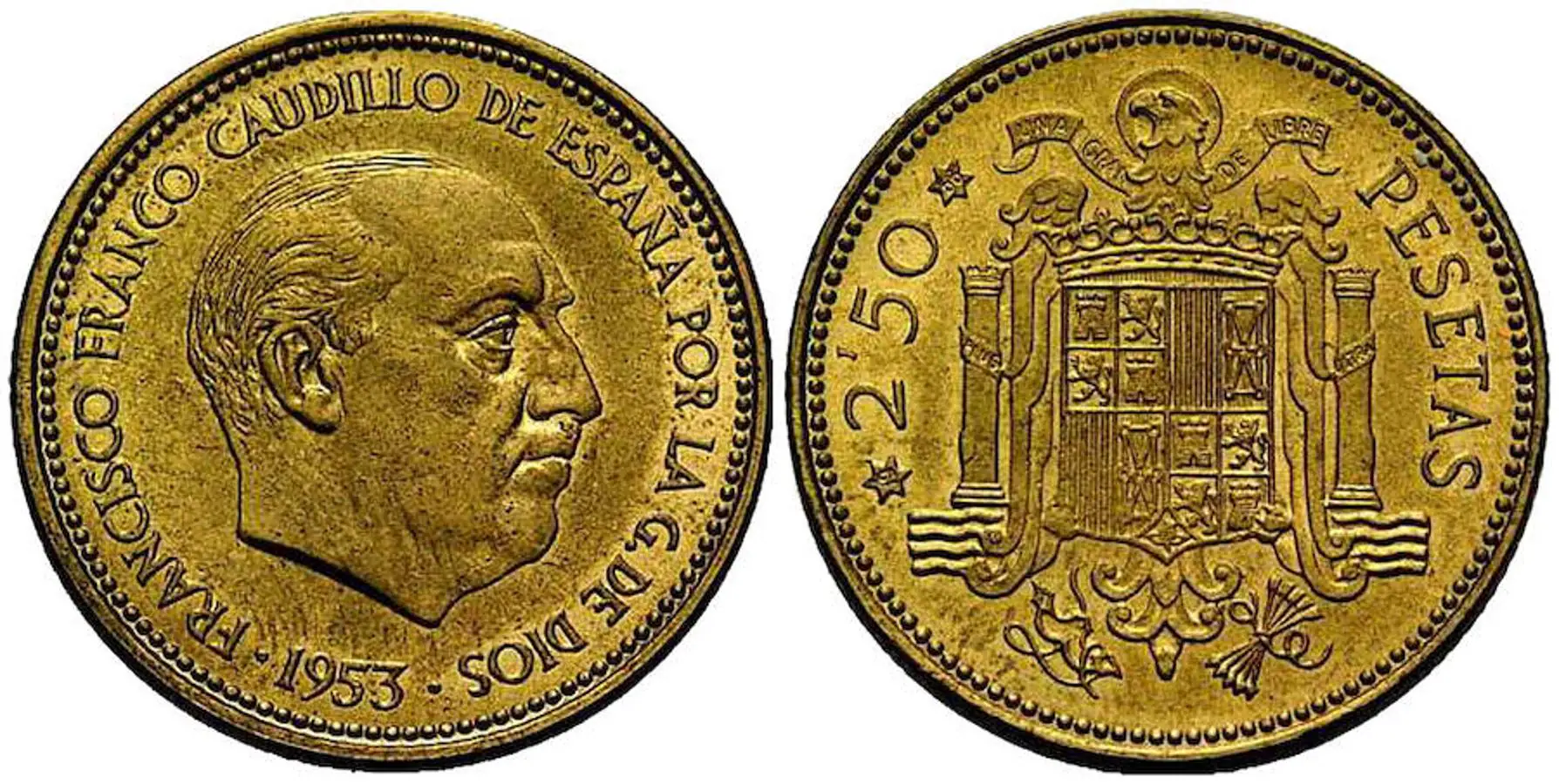 2,5 Pesetas 1953. Es una tarea difícil encontrar esta moneda, por lo que las personas que tengan alguna en buen estado de conservación se pueden llegar a embolsar hasta 1.700 euros.