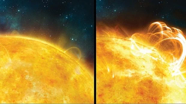 Comparación entre una llamarada solar y una súper llamarada