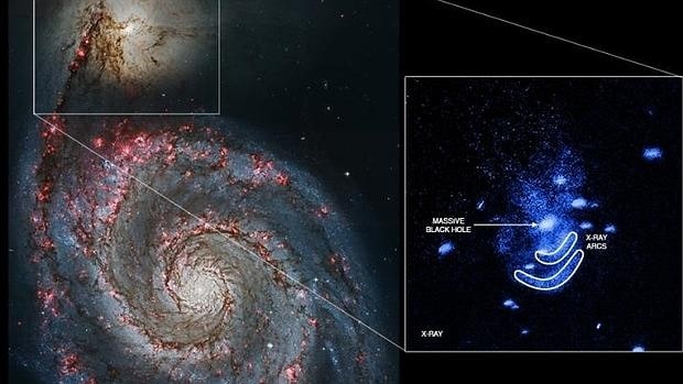La colisión entre estas dos galaxias ha producido una gran actividad en e agujero negro central de NGC 5195, la más pequeña