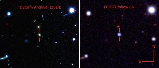 Imágenes de la galaxia antes de la explosión (izquierda) y después (derecha)