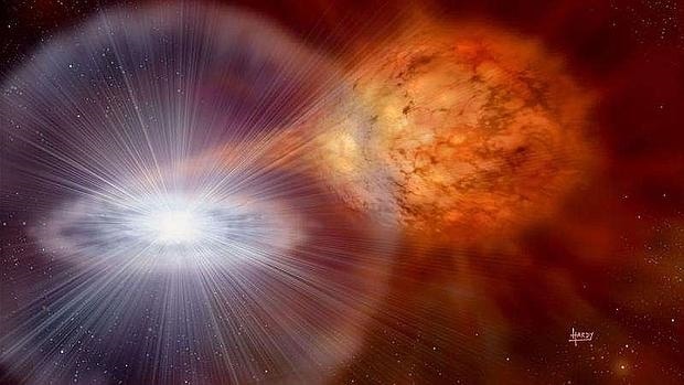 Una estrella de un sistema binario explota en forma de nova, sembrando su material por la galaxia