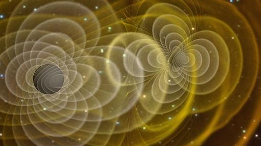 Representación de las ondas gravitacionales de dos agujeros negros próximos