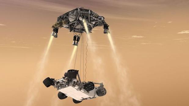 Recreación de la maniobra de la grúa hecha por la NASA con el rover Curiosity
