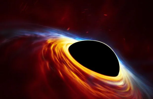 Representación artística de un agujero negro supermasivo de 100 millones de masas solares desgarrando a una estrella