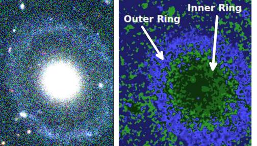La galaxiaPGC 1000714 parece tener dos anillos de formación de estrellas, uno interno y otro externo. Hasta hoy nunca se había observado algo así