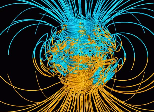 Representación del campo magnético terrestre. Los polos cambian sus posiciones cada varias decenas de miles de años