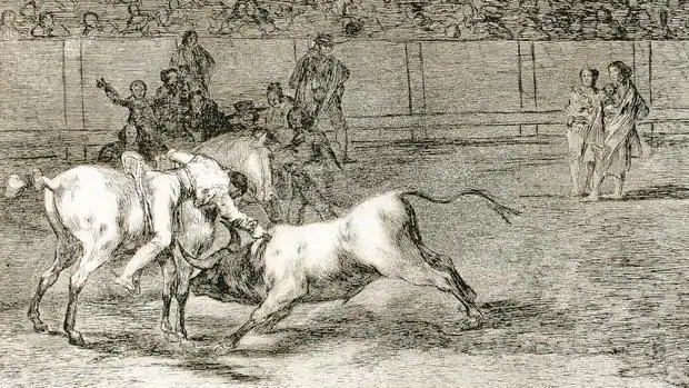La Tauromaquia de Goya: lámina 23, titulada «Mariano Ceballos, alias “el Indio”, mata al toro desde su caballo»