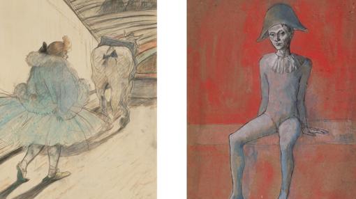 De izquierda a derecha, «En el circo: entrada en la pista», de Toulouse-Lautrec, y «Arlequín sentado», de Picasso