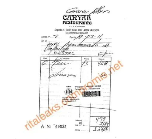 Imagen de la factura de 537 euros en el restaurante El Canyar a nombre de Carmen Alborch
