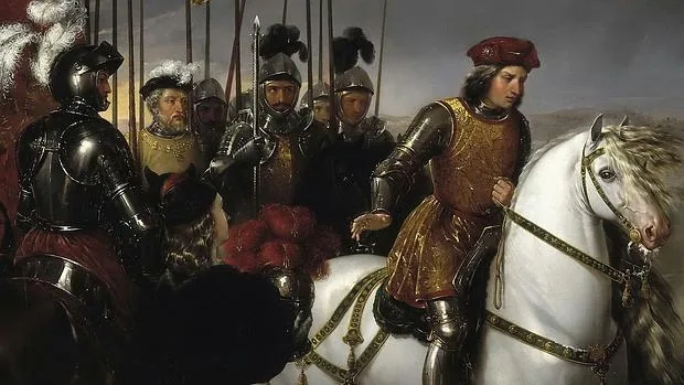 El Gran Capitán observa el cadáver del Duque de Nemours con sus oficiales a la espalda