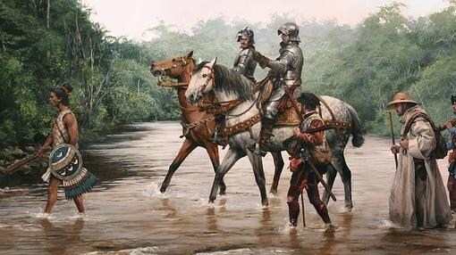 El conquistador, a caballo, en el centro de la expedición pintada magistralmente