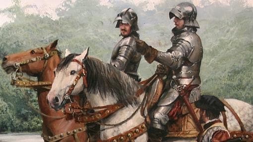 El conquistador, a caballo, en el centro de la expedición pintada por Ferrer-Dalmau