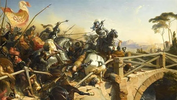 Pierre Terraill de Bayardo, uno de los participantes en el duelo, defiende el puente en la batalla de Garellano