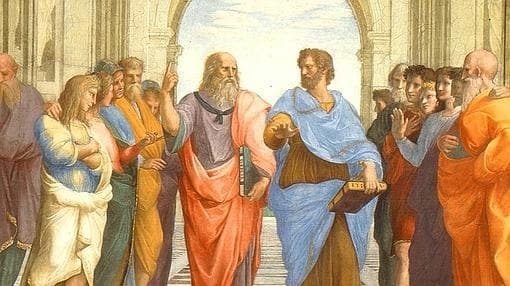 Detalle de La escuela de Atenas, 1509, con Platón y Aristóteles en el centro