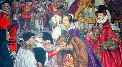 Ilustración de la Reina María Tudor con su pueblo. Carranza acompañó a Felipe II a Inglaterra