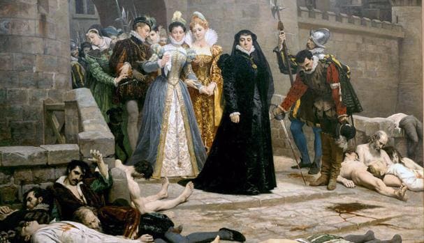 Catalina de Médici aparece en el centro, vestida de negro. en este cuadro de la matanza pintado por Édouard Debat-Ponsan
