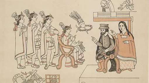 Hernán Cortés y doña Marina con Moctezuma en Tenochtitlan