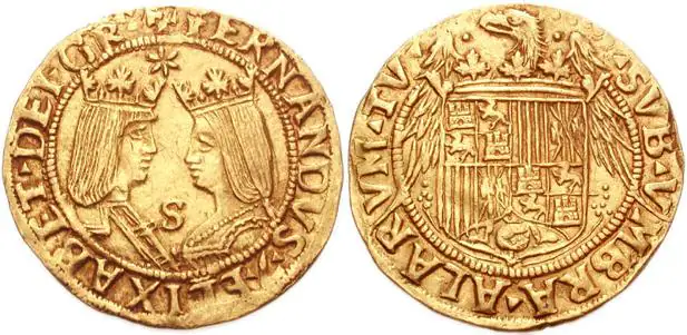 Escudo de los Reyes Católicos en un excelente de oro acuñado en Sevilla entre 1497 y 1504.