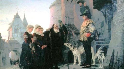 Un cuadro historicista que recrea la escena de un anciano entregando sus jóvenes hijas al señor