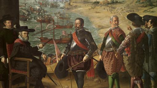 Representa a don Fernando Girón, gobernador de Cádiz, dando instrucciones a sus subordinados para organizar la defensa de la ciudad de Cádiz, en 1625