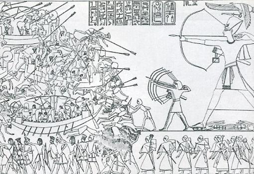 Representación de la batalla del Delta en los relieves del templo de Medinet Habu