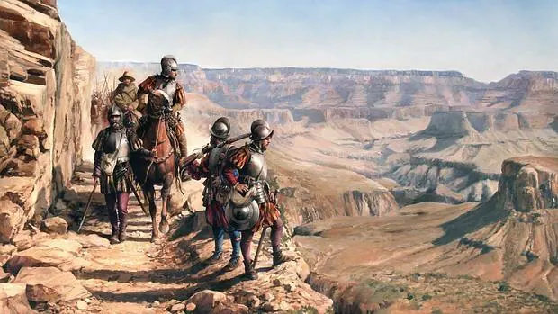 Augusto Ferrer-Dalmau ha pintado la llegada de Coronado al Cañón, que describió como «una gran barranca»