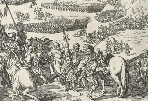 Grabado del siglo XVI que muestra a Alejandro Farnesio preparándose para dirigir la carga definitiva