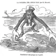 Dibujo satírico publicado en 1896 en el diario catalán La Campana de Gràcia, criticando la actitud de EE. UU. hacia Cuba.