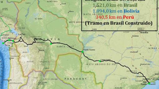 Trayecto del Tren Bioceánico, desde el puerto de Santos (Brasil) al de Ilo (Perú)