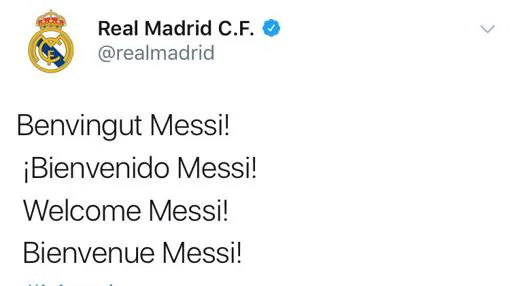Tweet del Real Madrid dándole la bienvenida a Leo Messi