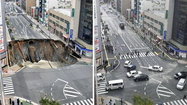 Eficiencia japonesa: arreglan un enorme socavón en una calle en solo dos días FUKUOKA-k6nH--620x349@abc