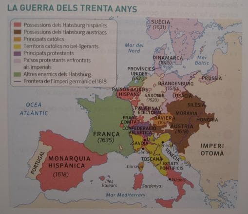 En la página 84 del manual de 3º de la ESO de la editorial Cruïlla se presenta un mapa de 1618 en el que Francia es Francia, pero España es Monarquía Hispánica