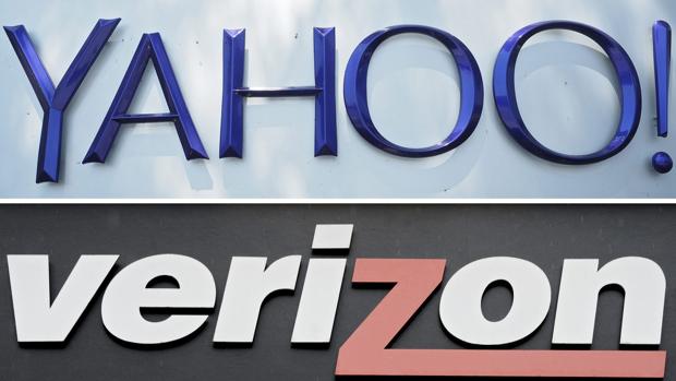 Combo fotográfico que muestra los logotipos de Yahoo y Verizon
