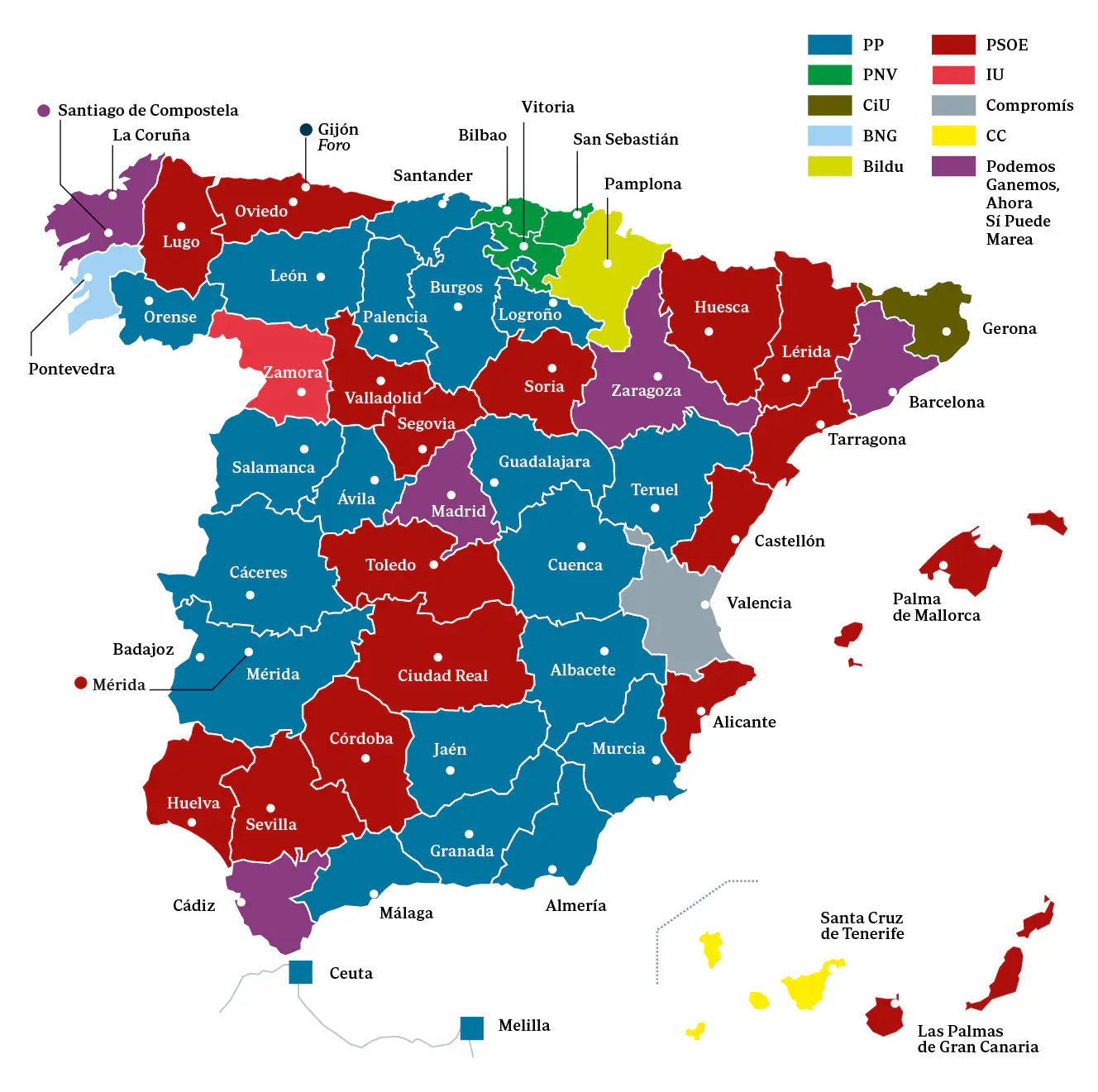 Los ayuntamientos españoles que cambian de color político tras el maratón de pactos