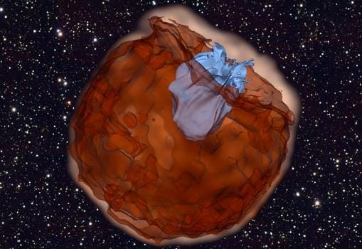 Simulación de una supernova de tipo Ia engullendo a una estrella. El choque entre ambas emite un pico de luz ultravioleta