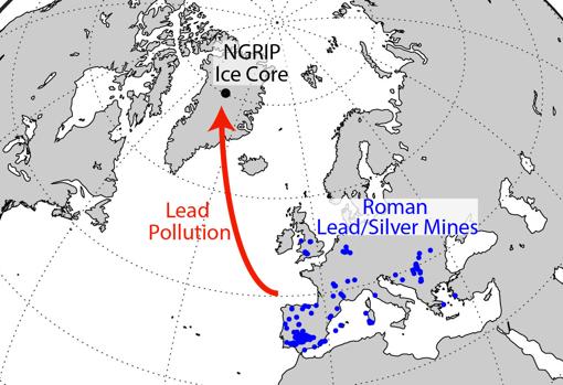 En azul, minas de plata romanas. En negro, el lugar donde se extrajeron las muestras de hielo