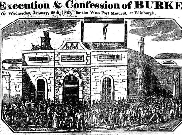 EjecuciÃ³n de William Burke en Lawnmarket, Edinburgh, el 28 de enero de 1829. Imagen de un periÃ³dico de la Ã©poca