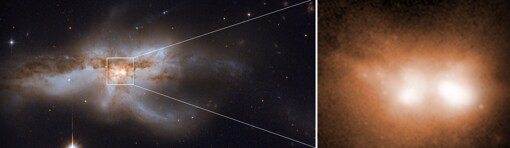 Etapas finales de la fusión de la galaxia NGC 6240. A la derecha se observan los núcleos, en cuyo centro existen sendos agujeros negros supermasivos