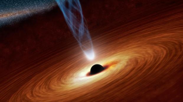 Representación de un agujero negro que engulle materia (naranja) y libera energía (azul)