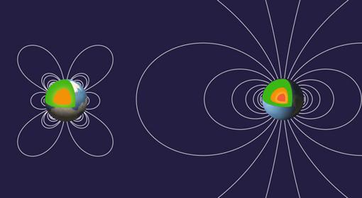 El campo magnético de la Tierra, cuando el núcleo era líquido (izquierda), era más débil que el que adquirió cuando el núcleo se solidificó (derecha)