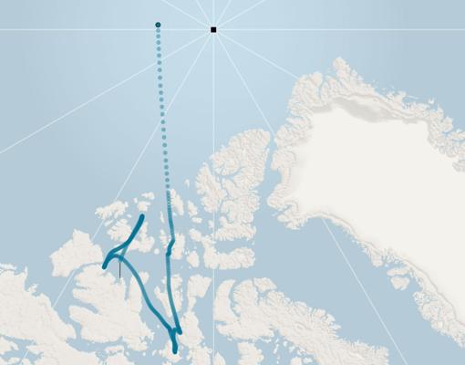 En azul, la trayectoria del Polo Norte magnético en los últimos cinco siglos (de Canadá, en la parte inferior de la imagen, ahora se dirige rumbo a Siberia