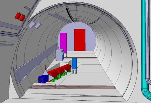 Imagen esquemática del detector FASER planeado como se verá en el túnel de la TI12